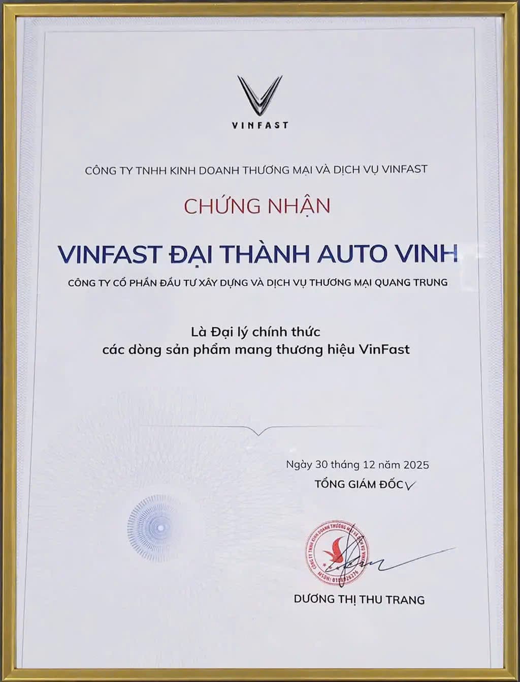 Chứng nhận đại lý chính thức VinFast Đại Thành Auto Vinh